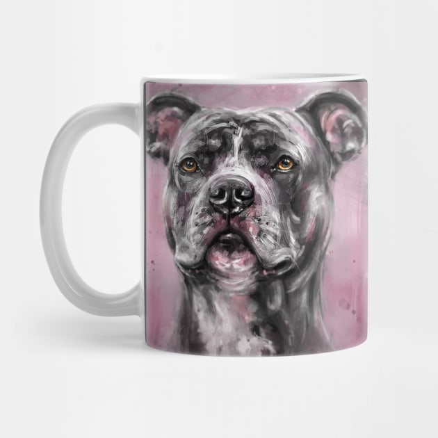 Painting of a Gray / Black Pit Bull Looking into the Horizon, on Purple Background by ibadishi